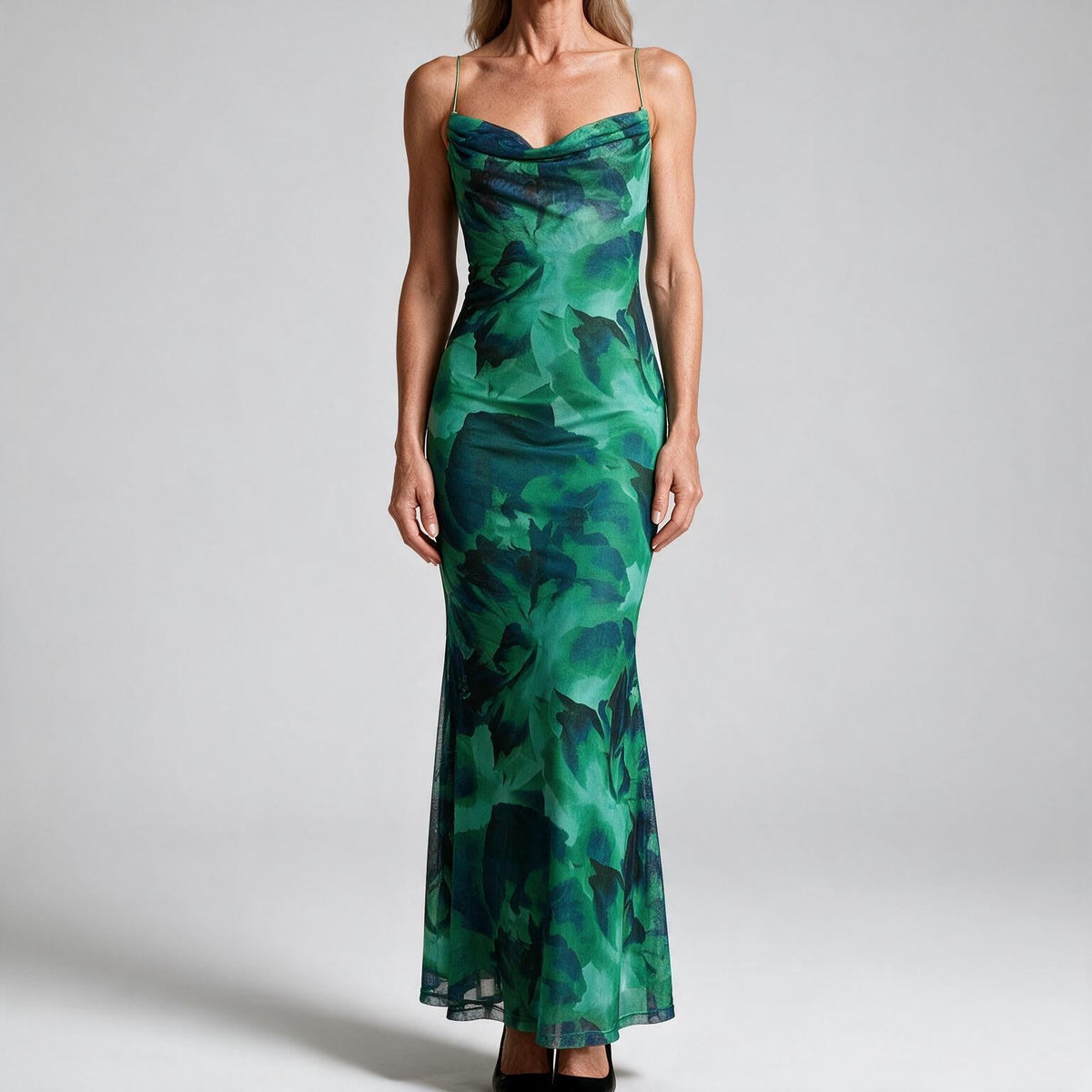 Saskia | Womens Floral Print Strappy Sleeveless Summer Slip Wedding Guest Dresses Emerald Green