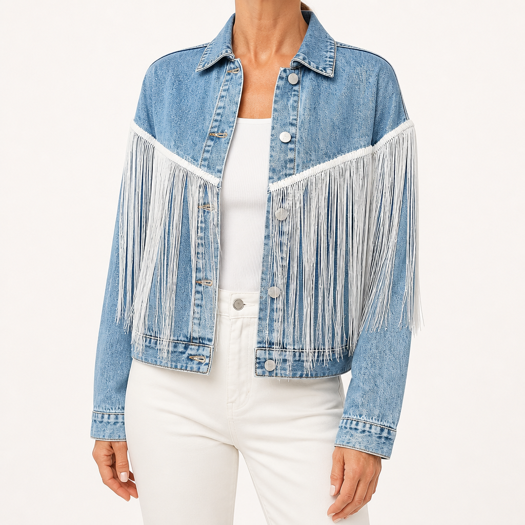 Beatrice | Womens Distressed Fringed Denim Jacket, Blue
