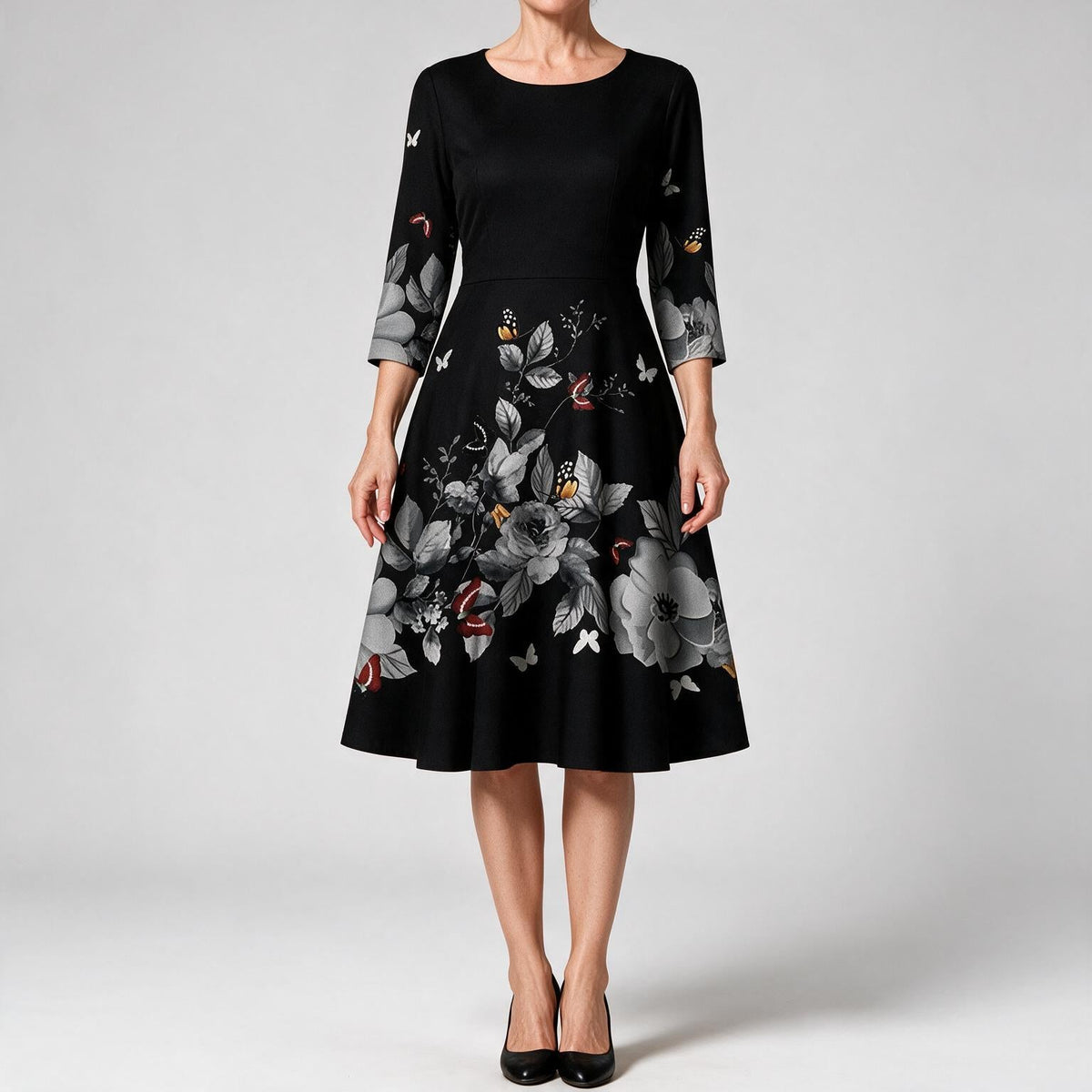 Marguerite | Womens Wedding Guest Floral Round Neck Straight Midi Dress Black
