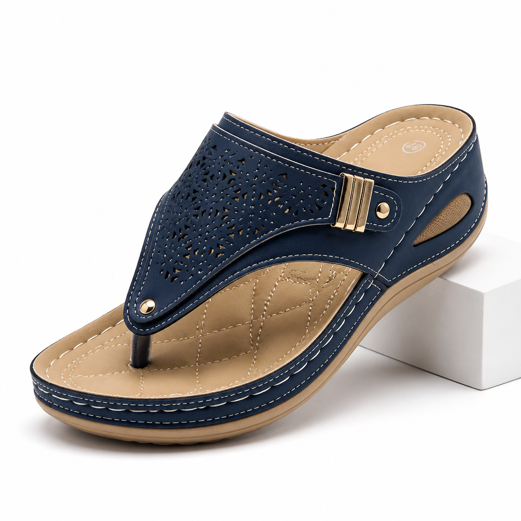 Odile | Womens Studded Toe Post Wedge Flip Flop Sandals Navy Blue packshot