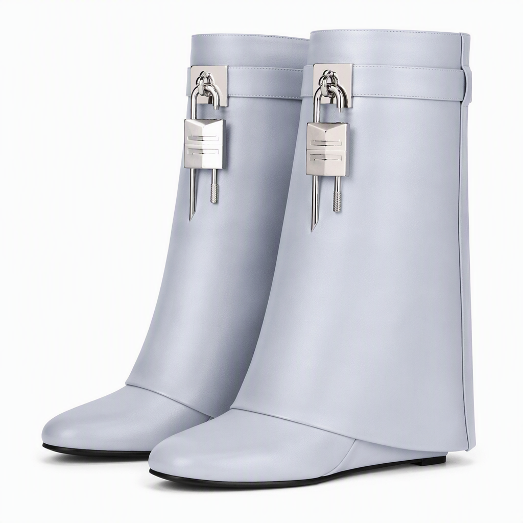Odette | Womens Platform Boots Heeled Buckle Round Toe Ankle Boots Light Gray packshot