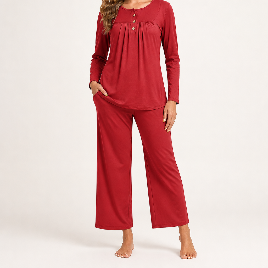 Harriet | Womens Long Sleeve Pyjama Set With Pockets Loungewear, Red