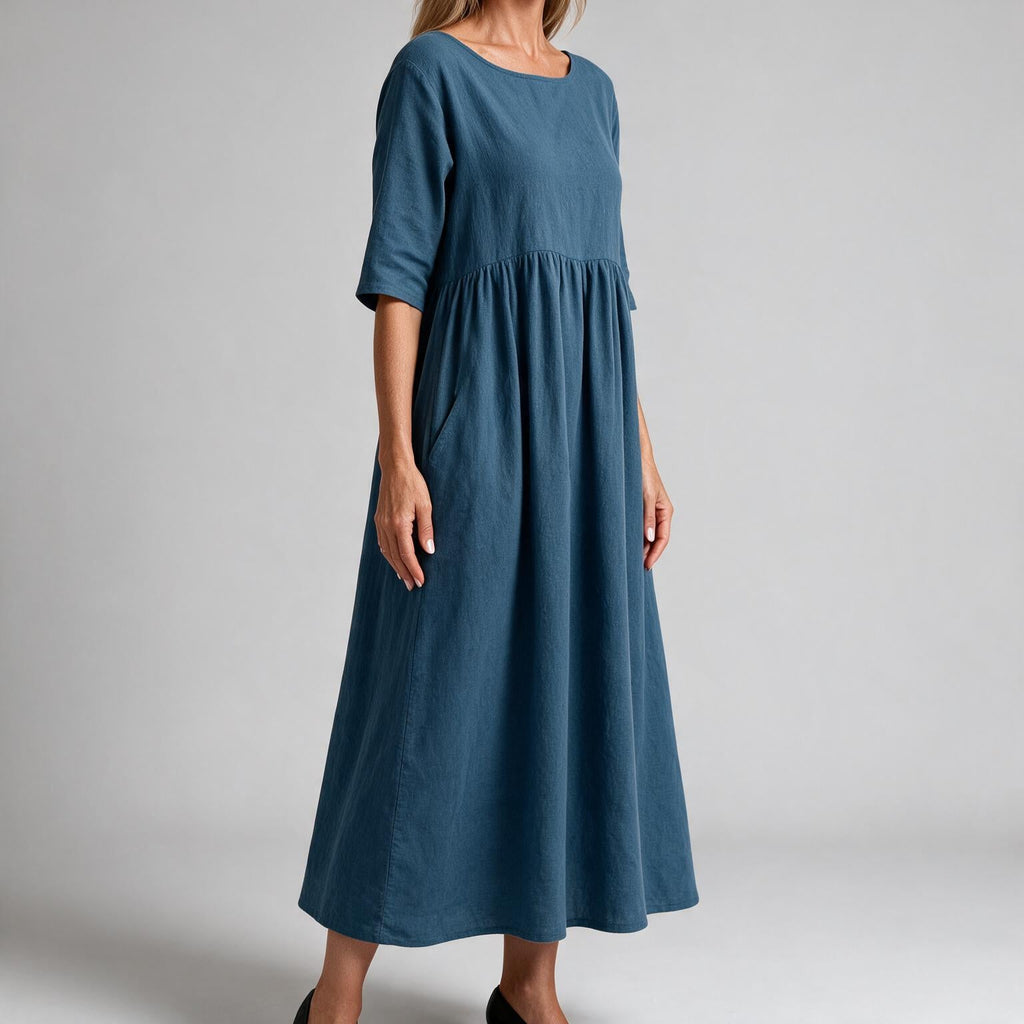 Saoirse | Womens Wedding Guest Summer Midi Cotton Linen Round Neck Dresses