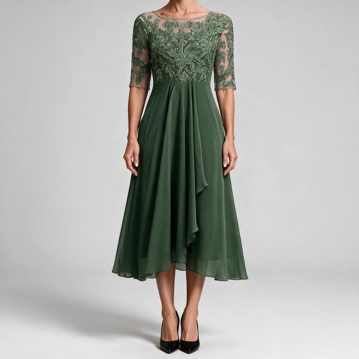Isla | Womens Wedding Guest Dress Bridesmaid Cocktail Midi Lace Chiffon Dress Green