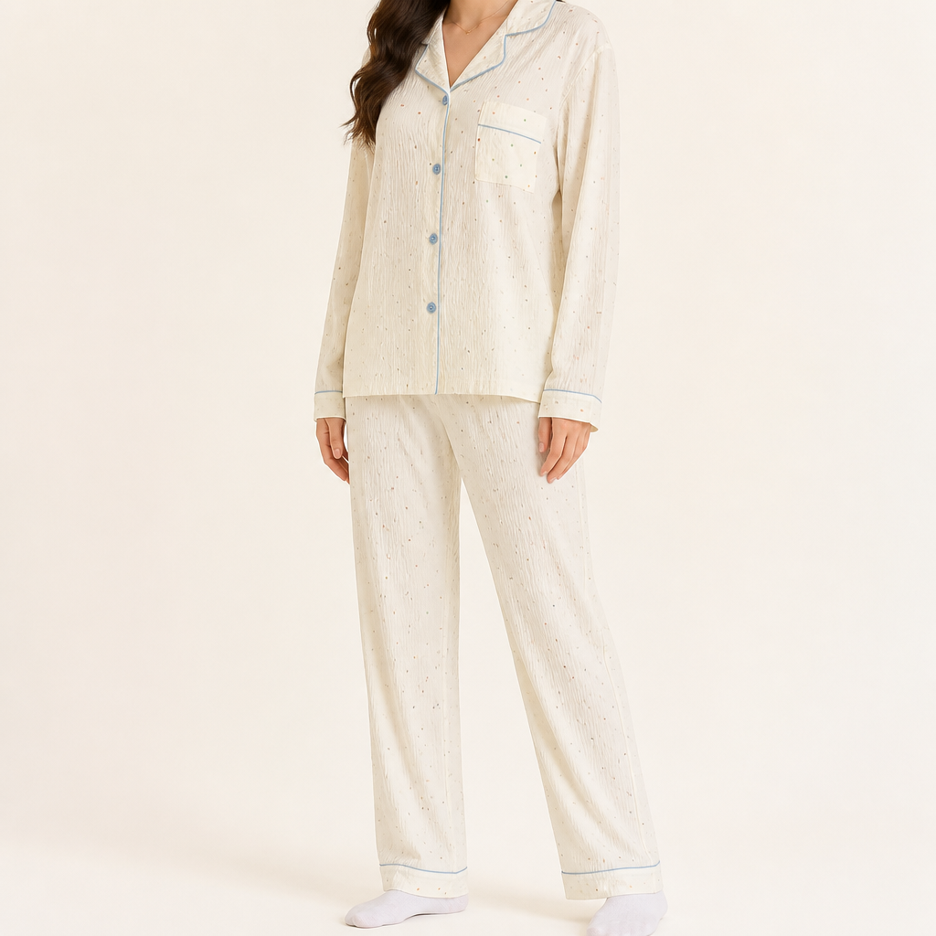 Beatrix | Womens Long Sleeve Cotton Pyjama Set Loungewear, Ivory 4