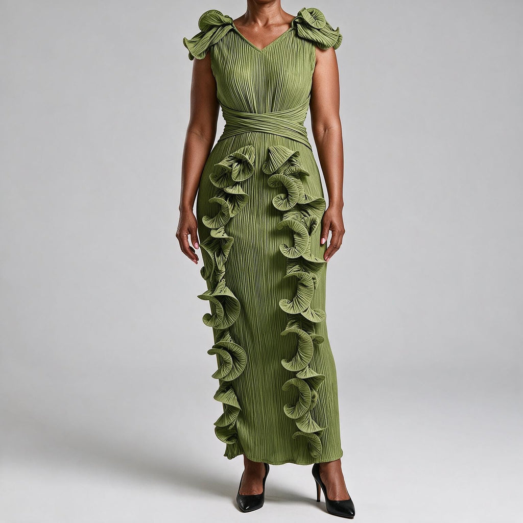 Mireille | Womens Wedding Guest Dress Pleated Ruffle Evening Maxi Dress