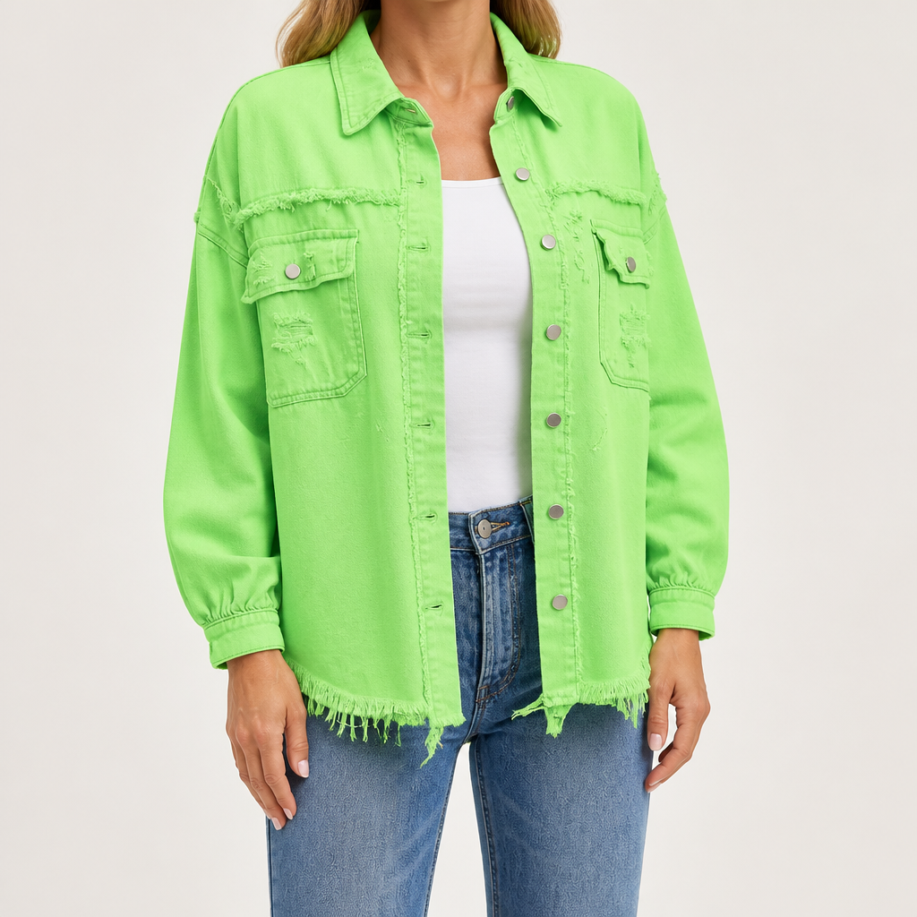 Clarissa | Womens Longline Distressed Denim Jacket, Apple Green