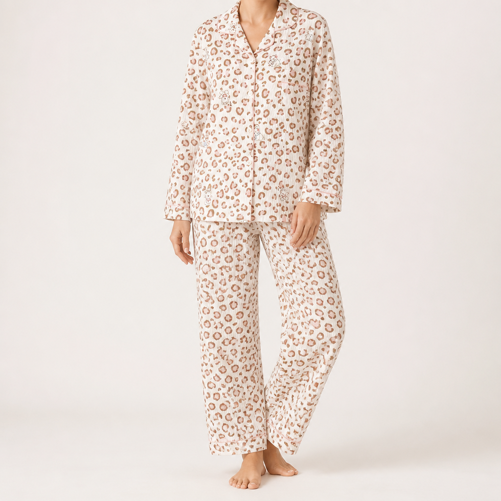 Beatrix | Womens Long Sleeve Cotton Pyjama Set Loungewear, Beige