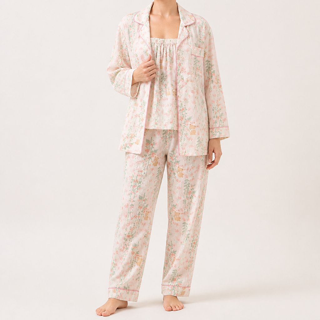 Rosalind | Womens Long Sleeve Button Up Cotton Pyjama Set Loungewear, Ivory