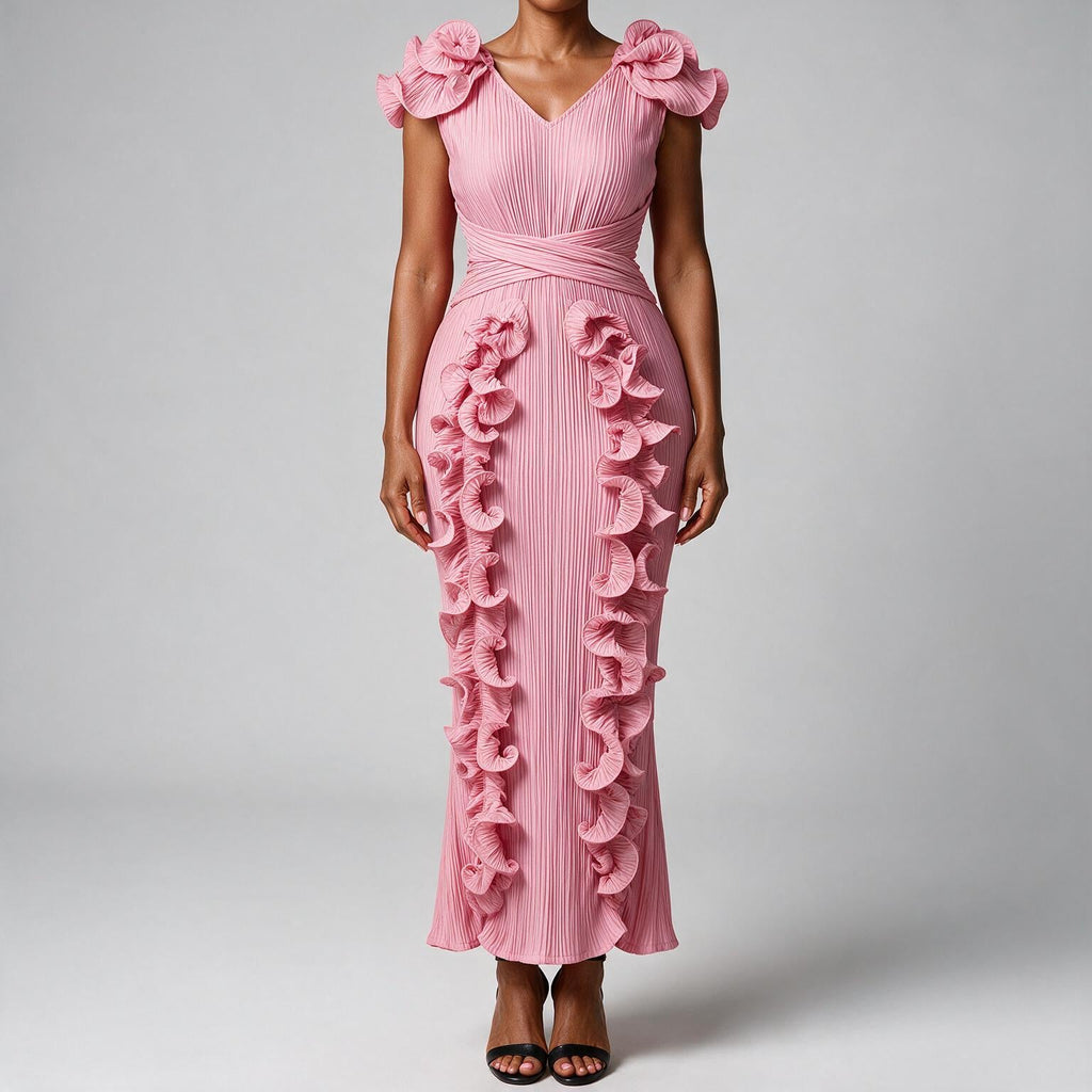 Mireille | Womens Wedding Guest Dress Pleated Ruffle Evening Maxi Dress Pink