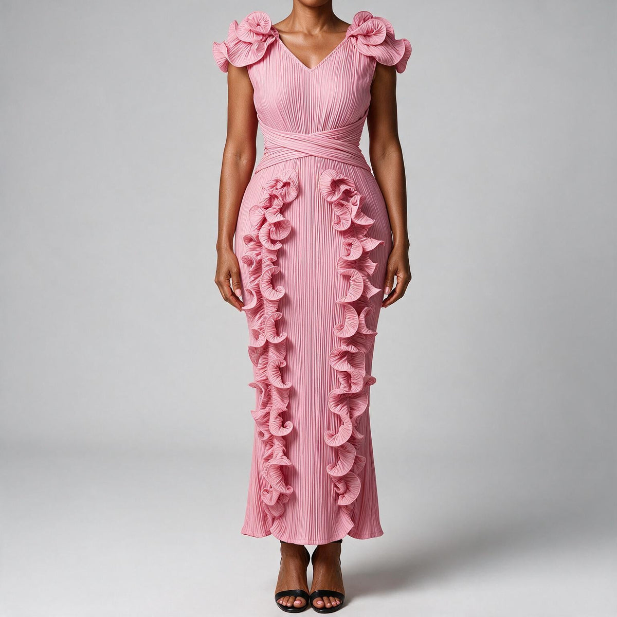 Mireille | Womens Wedding Guest Dress Pleated Ruffle Evening Maxi Dress Pink