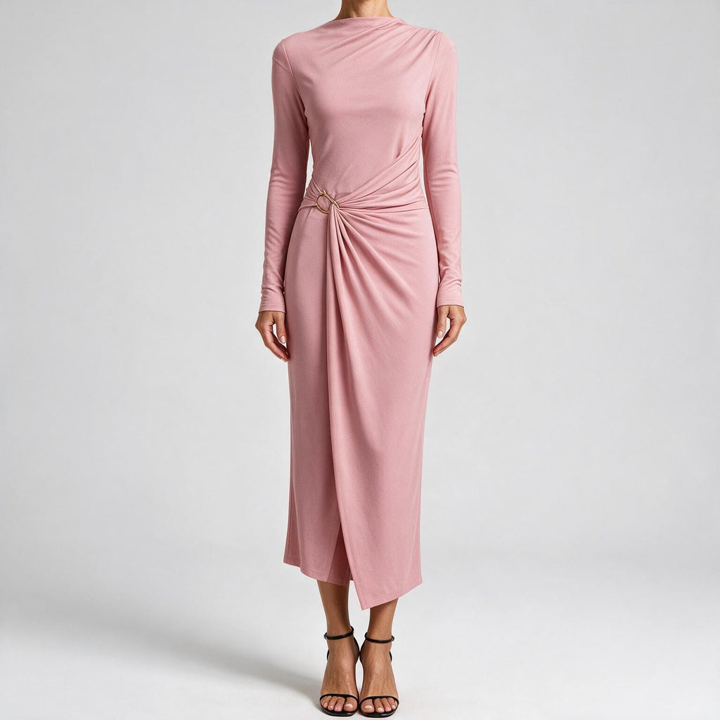 Petra | Womens Wedding Guest Long Sleeve Bodycon Midi Prom Dress Pink