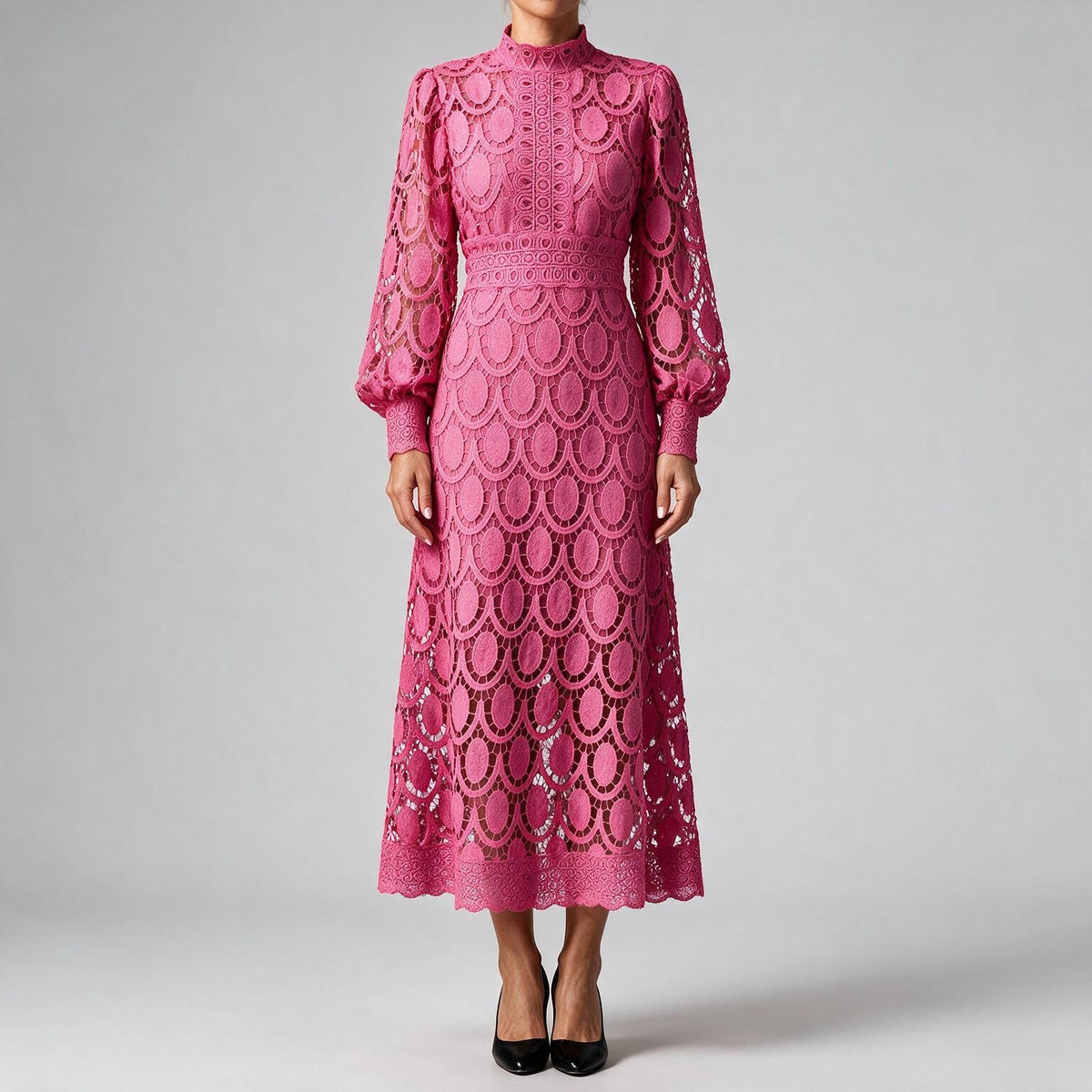 Genevieve | Womens Wedding Guest Lace A-Line Puff Sleeve Dresses Rose