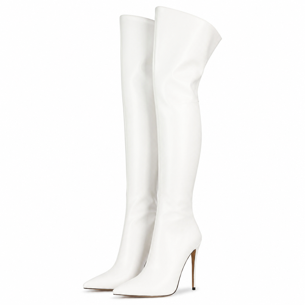 Camilla | Womens Knee High Heeled Pointed Toe Leather Long Boots White packshot