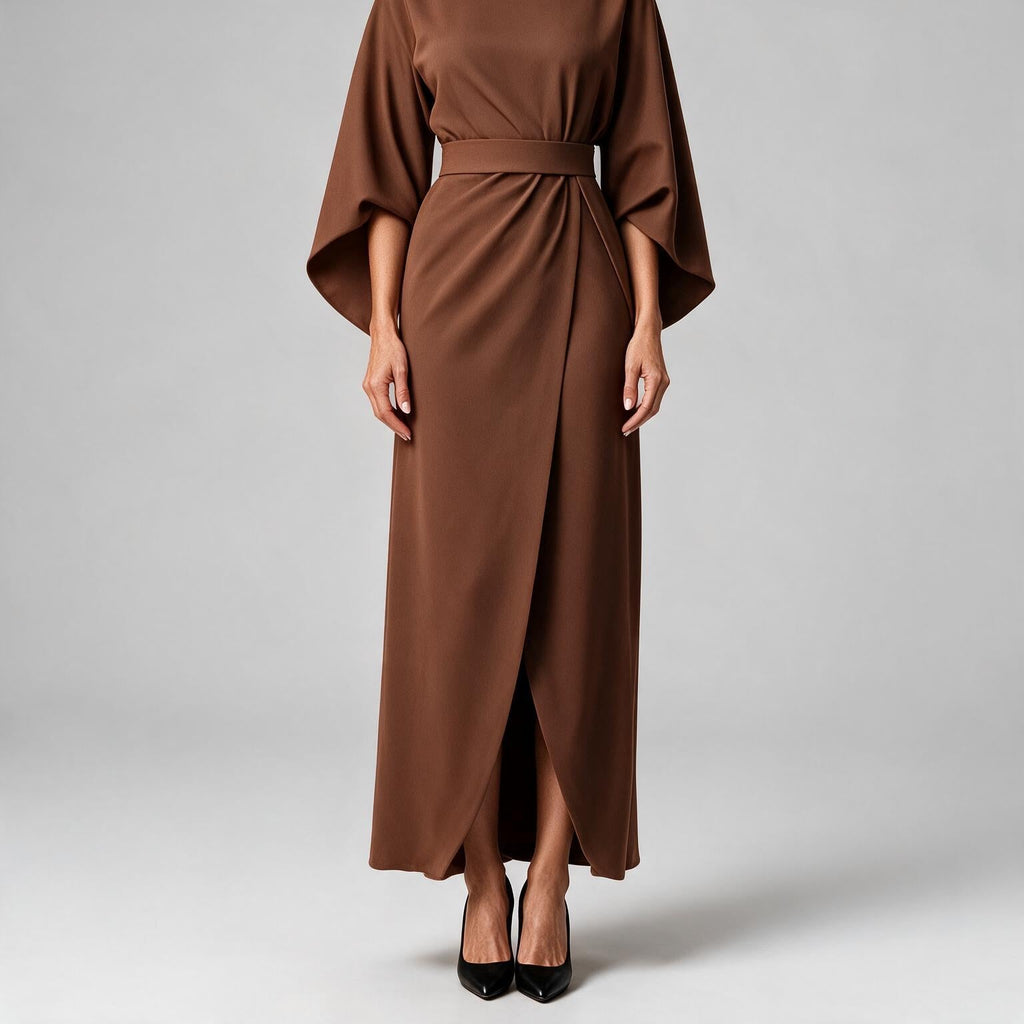 Rhoswen | Womens Wedding Guest Dresses Batwing Sleeve Maxi Elegant Dress Brown