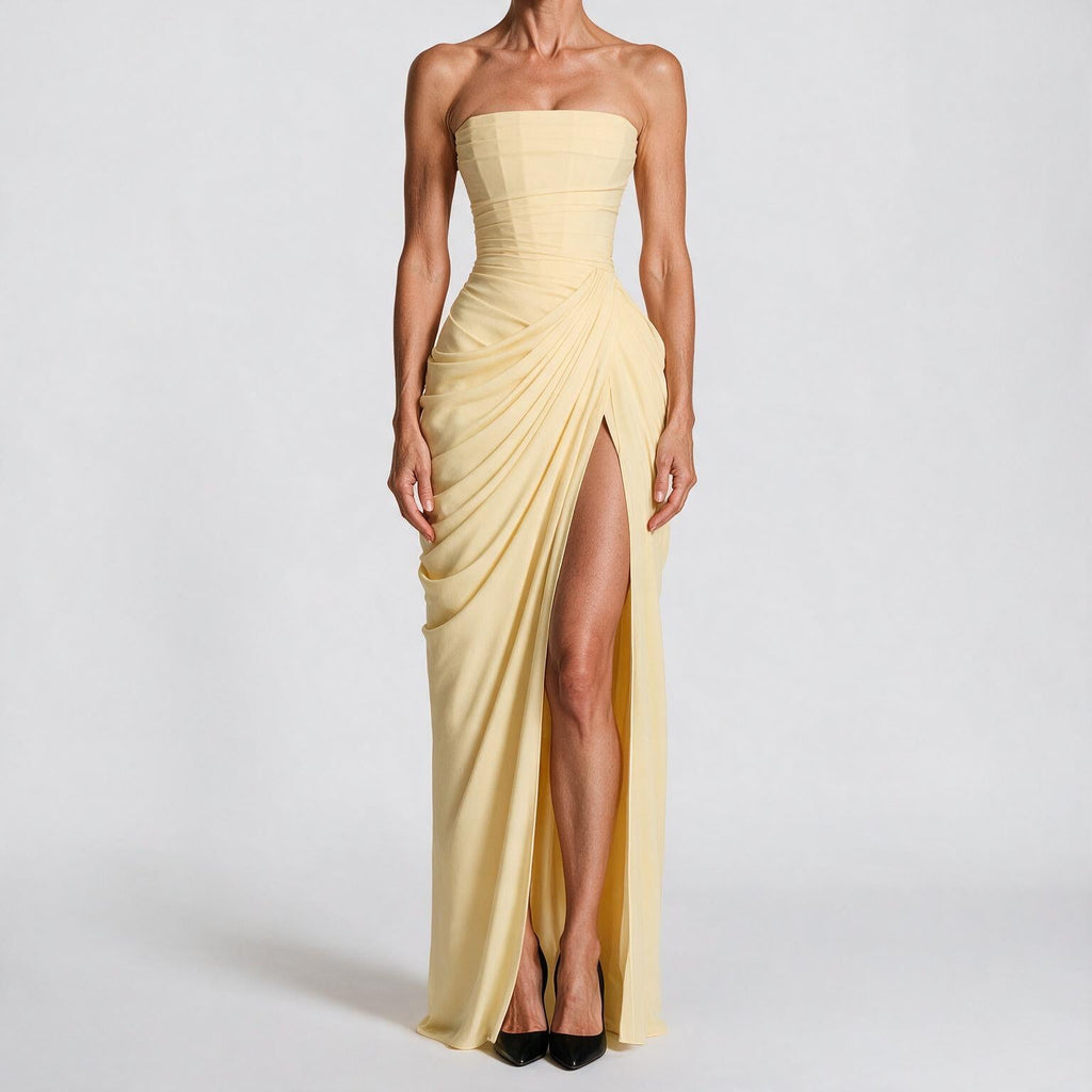 Freya | Womens Strapless Pleated Slit Maxi Wedding Guest Black Tie Summer Dresses Light Yellow
