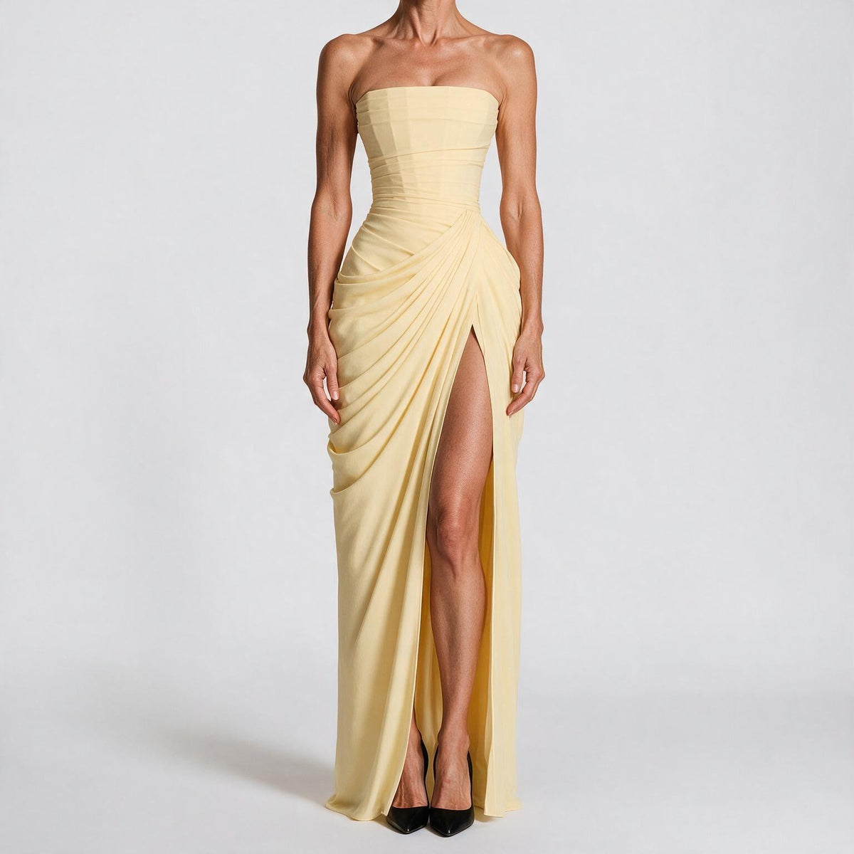 Freya | Womens Strapless Pleated Slit Maxi Wedding Guest Black Tie Summer Dresses Light Yellow