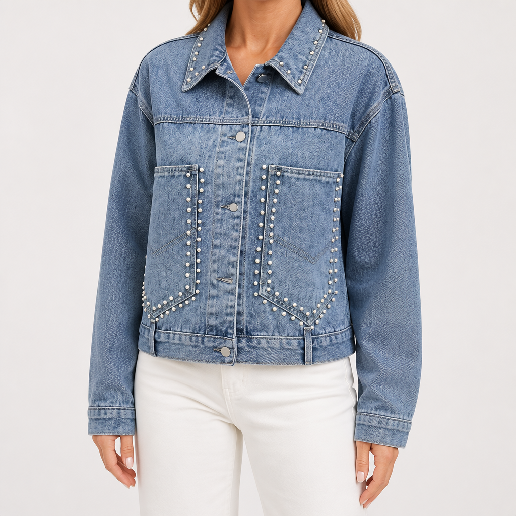 Delphine | Womens Washed Studded Denim Jacket, Blue