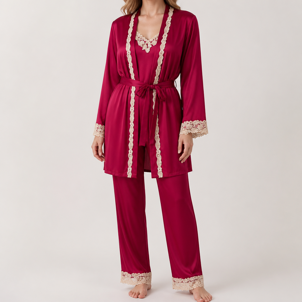 Beatrice | Womens Satin Cami Robe Lounge Set, Wine Red