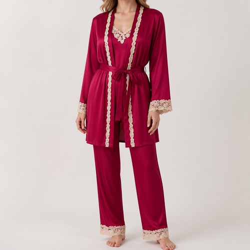 Beatrice | Womens Satin Cami Robe Lounge Set, Wine Red