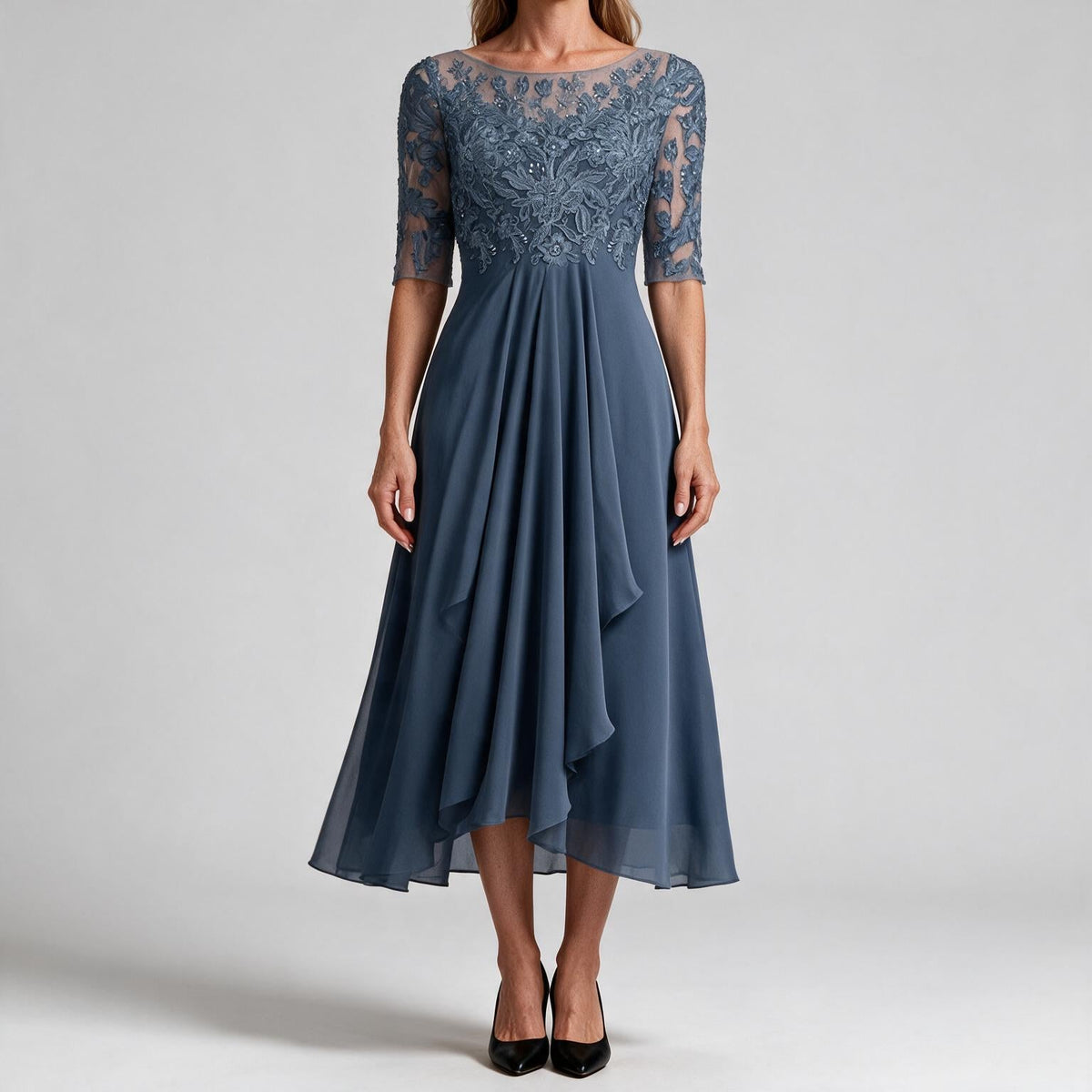 Isla | Womens Wedding Guest Dress Bridesmaid Cocktail Midi Lace Chiffon Dress