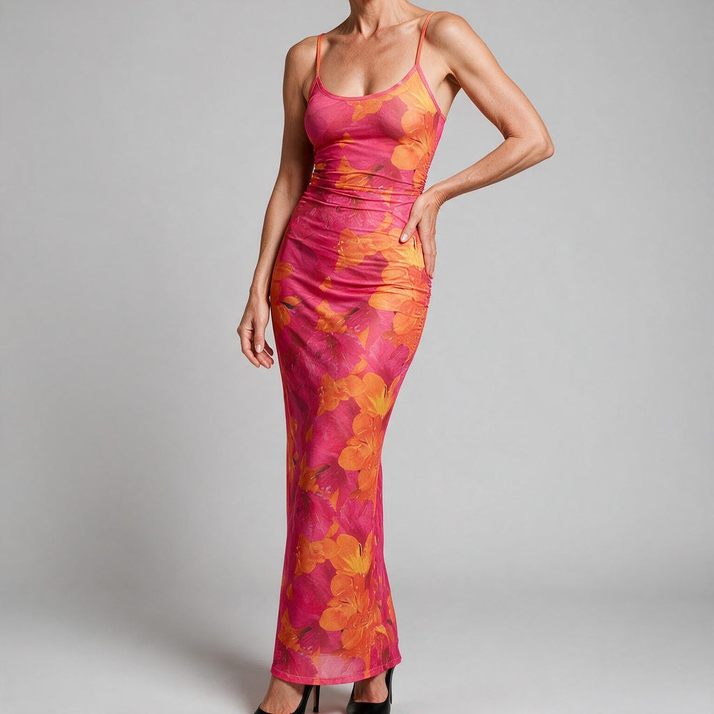 Anouk | Womens Printed Mesh Bodycon Mermaid Long Party Wedding Guest Dresses