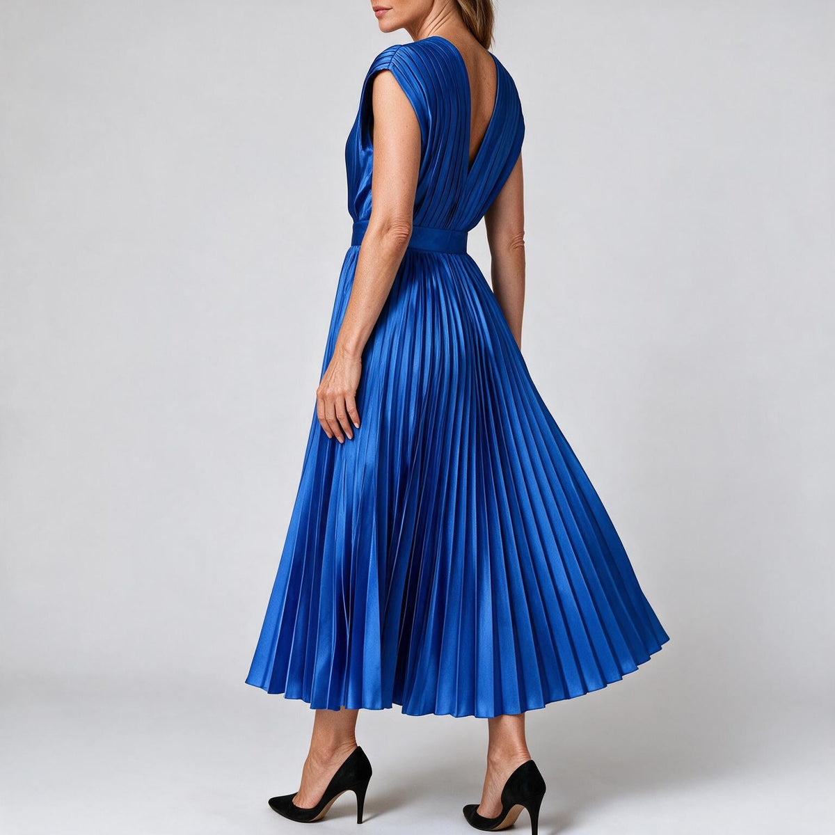 Anais | Womens Wedding Guest Satin V Neck Pleated Midi Dress