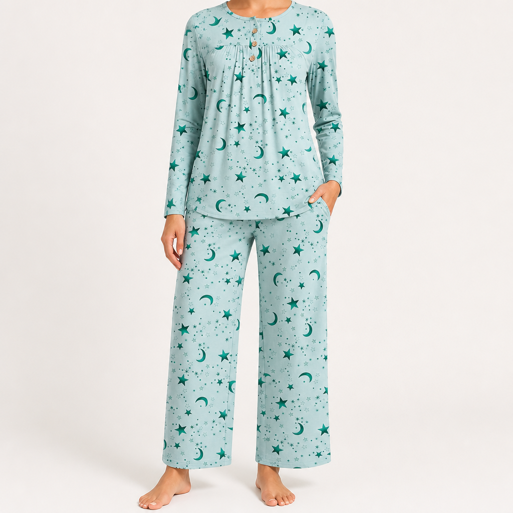 Harriet | Womens Long Sleeve Pyjama Set With Pockets Loungewear, Sky Blue