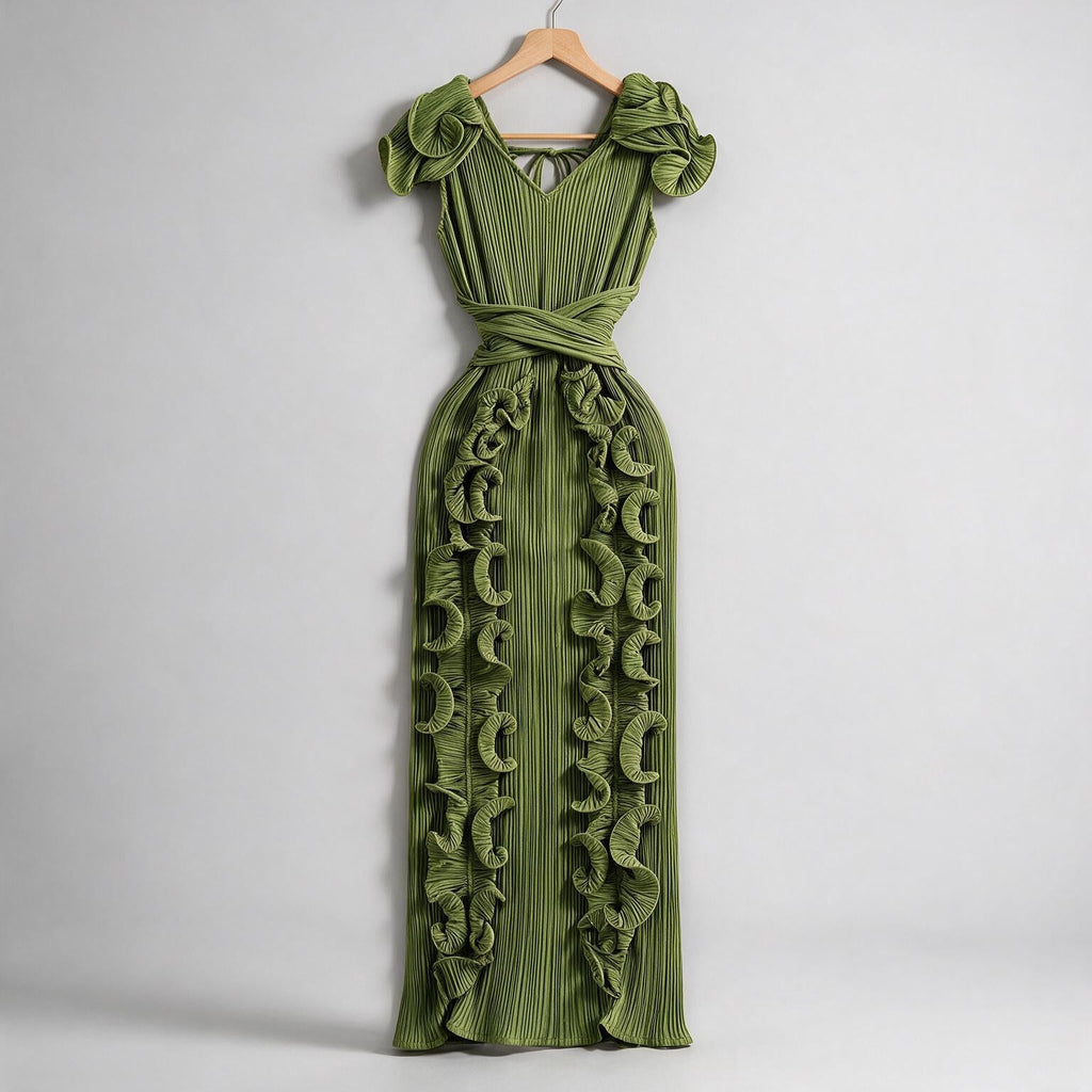 Mireille | Womens Wedding Guest Dress Pleated Ruffle Evening Maxi Dress on hanger