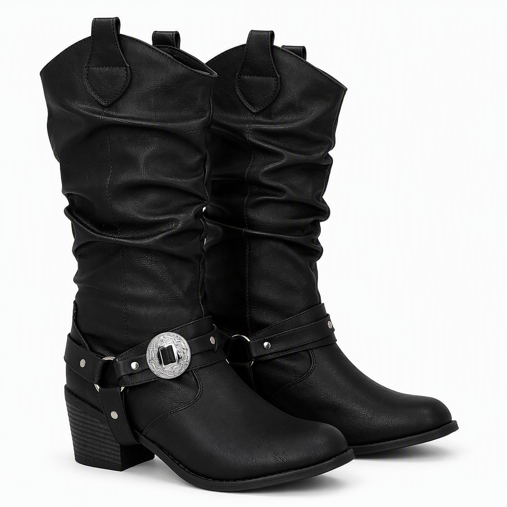 Romilly | Womens Cowboy Boots Studded Chunky Heel Western Long Boots Black packshot