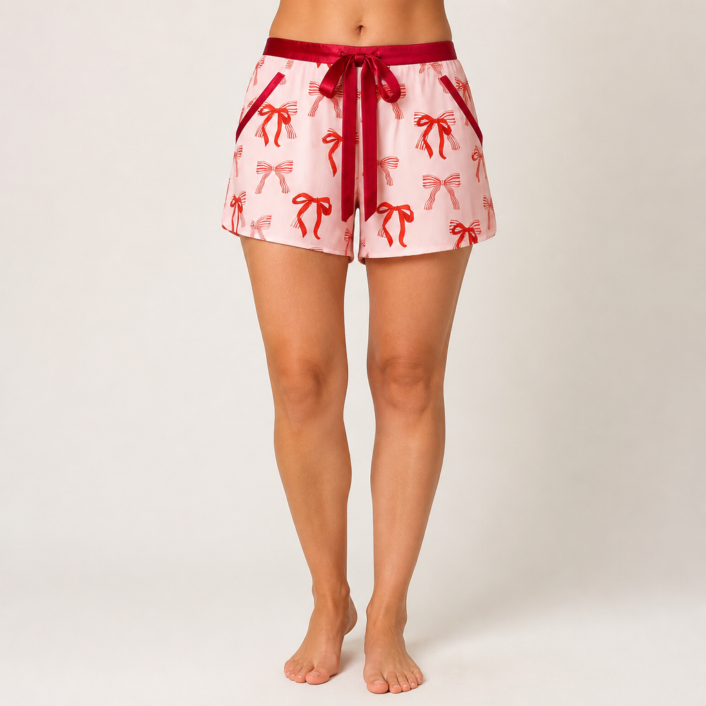 Florence | Womens Printed Long Sleeve Pyjama Shorts Set, Red Bow Print