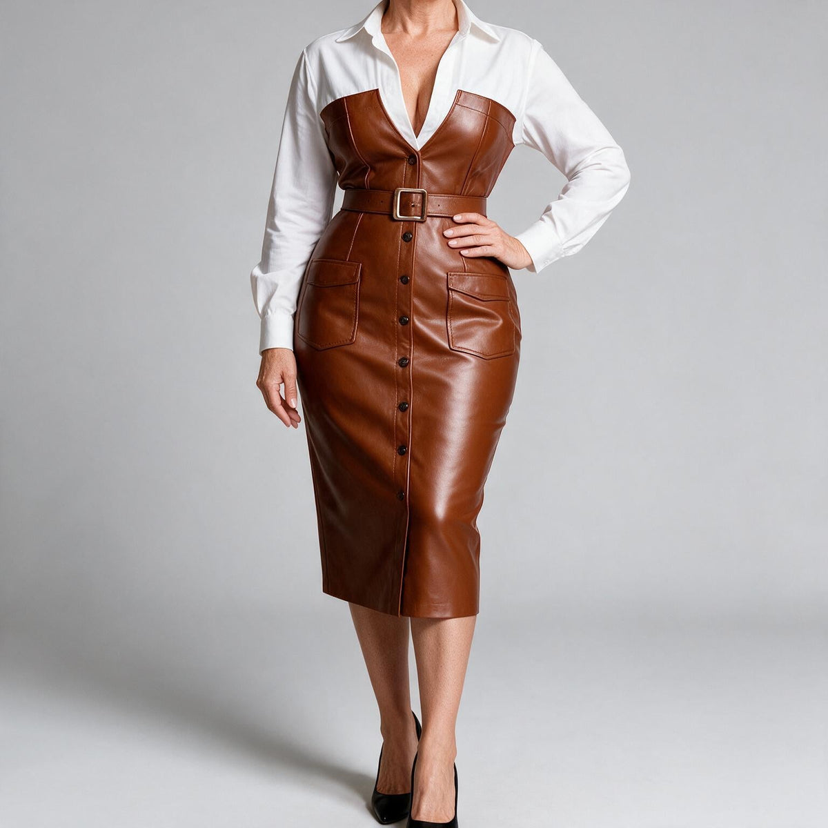 Aurelia | Womens Shirt Dress Long Sleeve Belted Leather Look Midi Dress