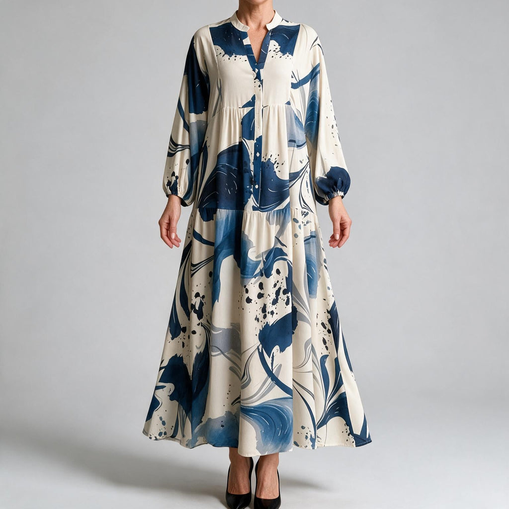 Ulric | Womens Dress Printed Long Sleeve V Neck Loose Maxi Dress