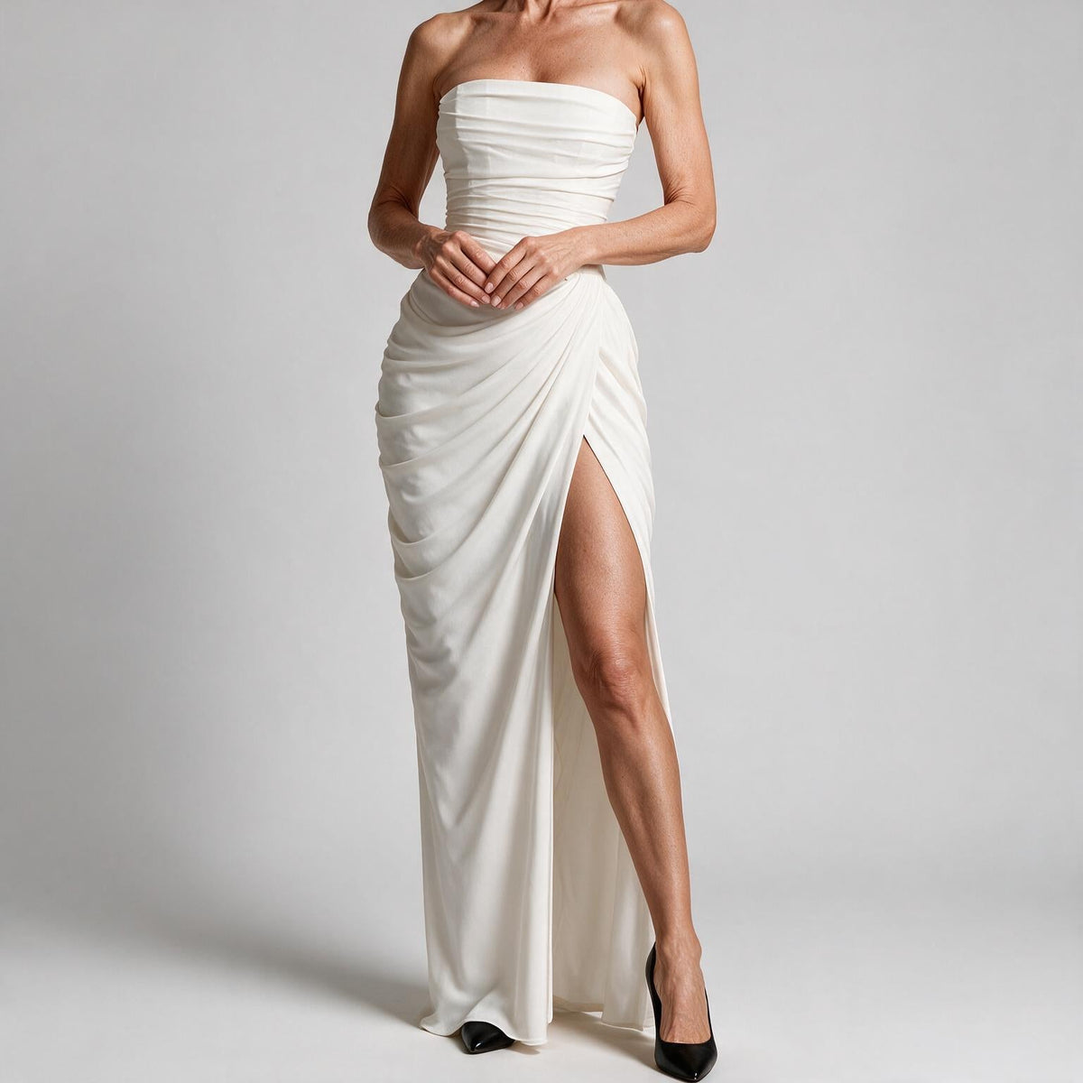 Freya | Womens Strapless Pleated Slit Maxi Wedding Guest Black Tie Summer Dresses