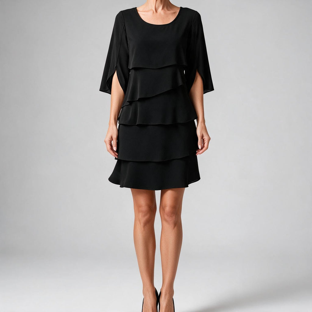 Antonia | Womens Wedding Guest Midi Dresses Round Neck Tiered Patchwork Dress Black