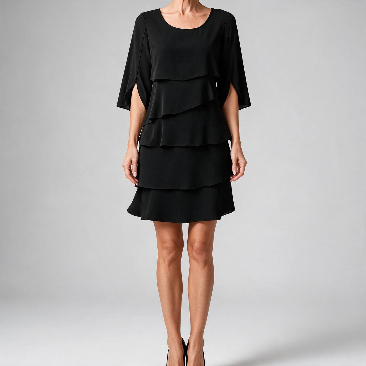 Antonia | Womens Wedding Guest Midi Dresses Round Neck Tiered Patchwork Dress Black