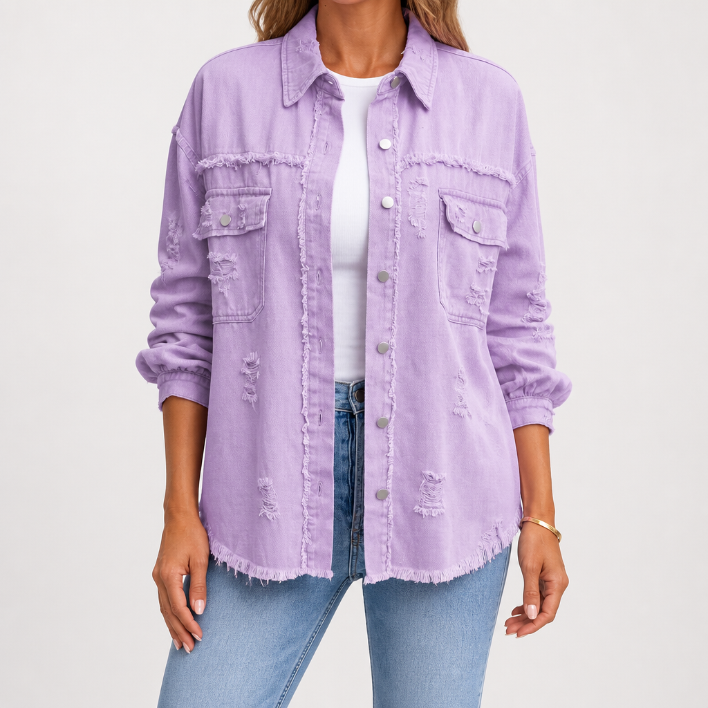 Clarissa | Womens Longline Distressed Denim Jacket, Light Purple