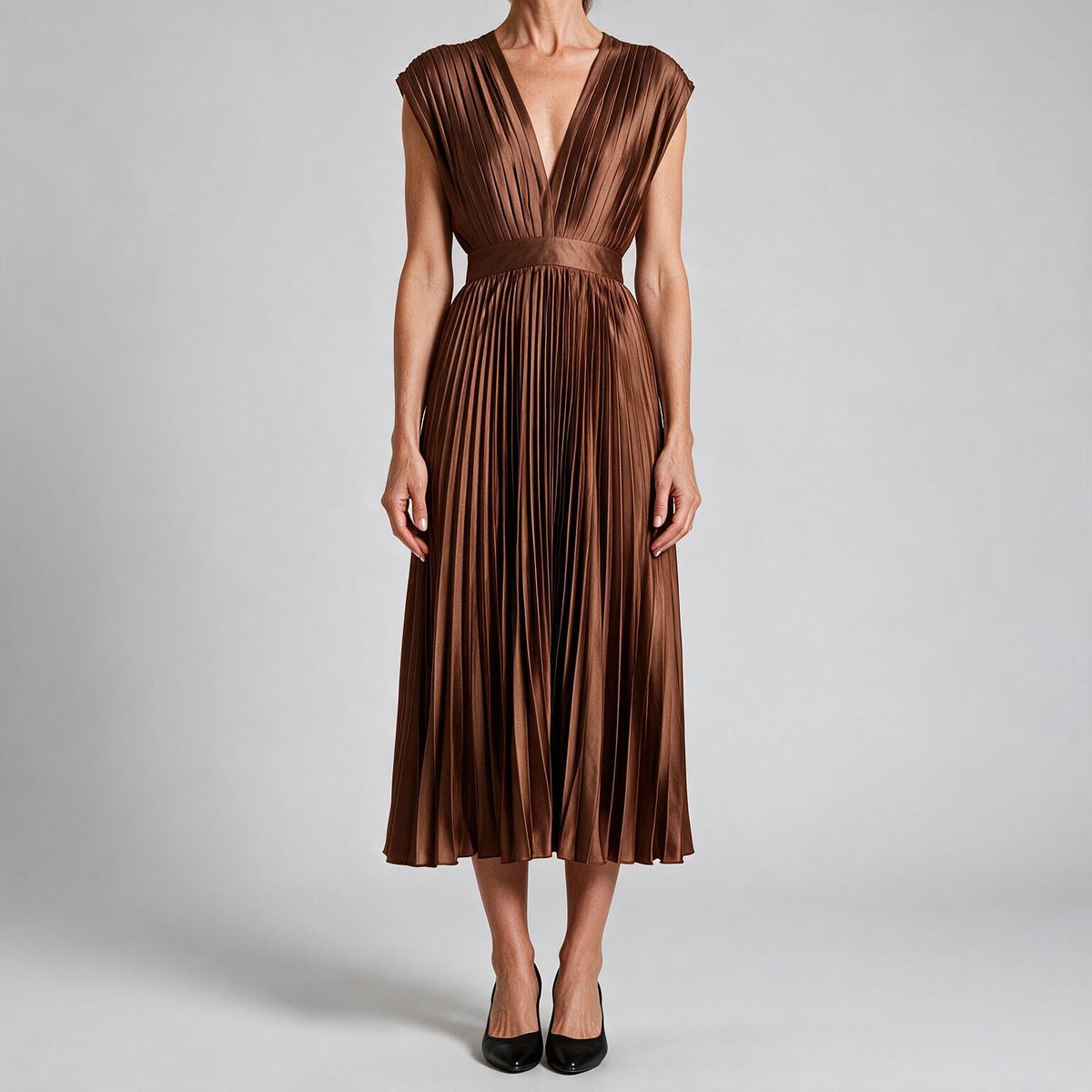 Anais | Womens Wedding Guest Satin V Neck Pleated Midi Dress Brown