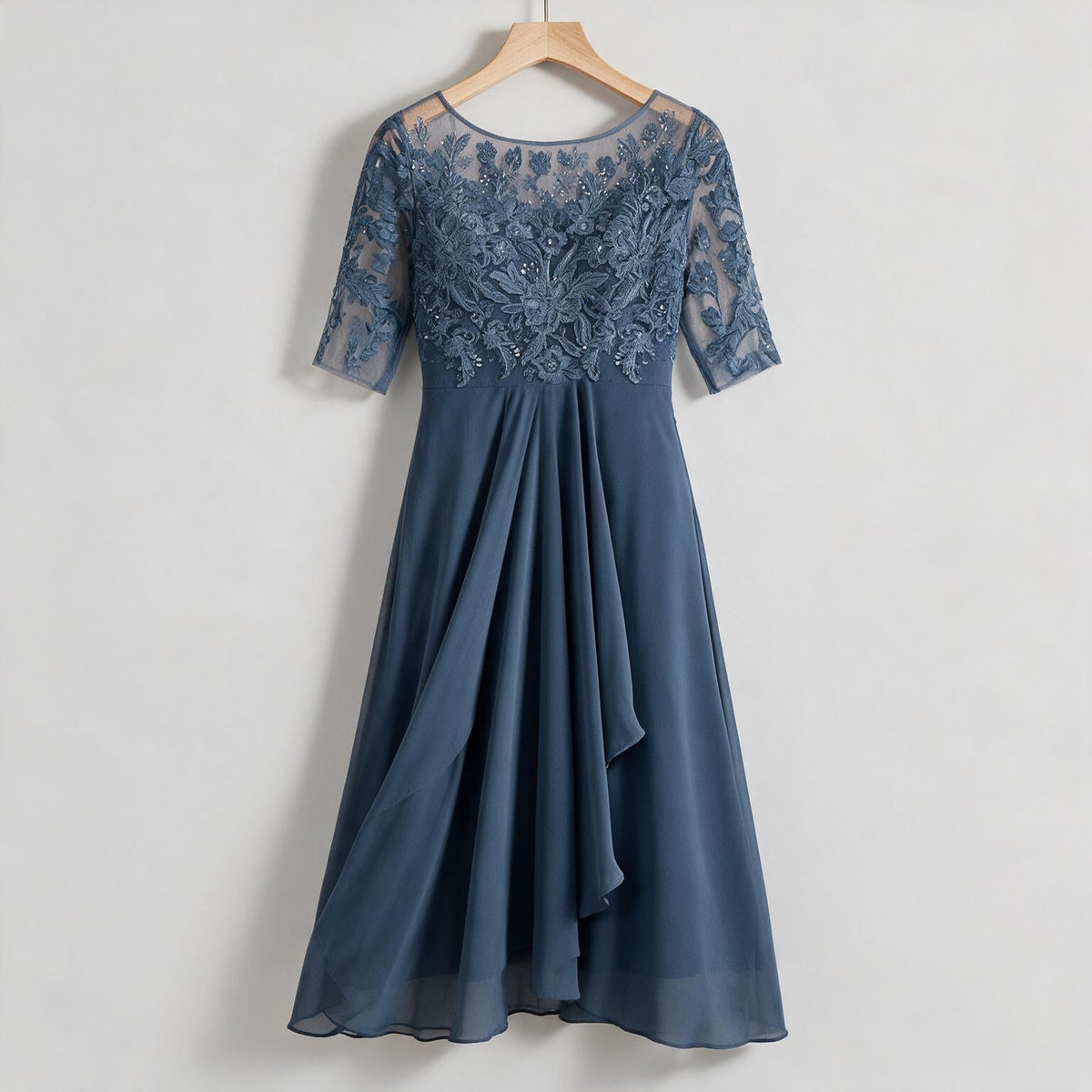 Isla | Womens Wedding Guest Dress Bridesmaid Cocktail Midi Lace Chiffon Dress on hanger