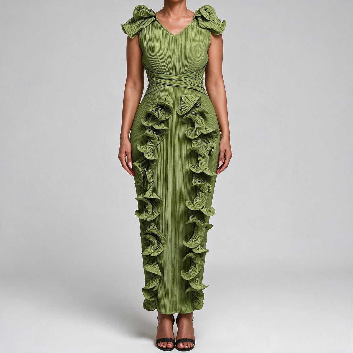Mireille | Womens Wedding Guest Dress Pleated Ruffle Evening Maxi Dress Green