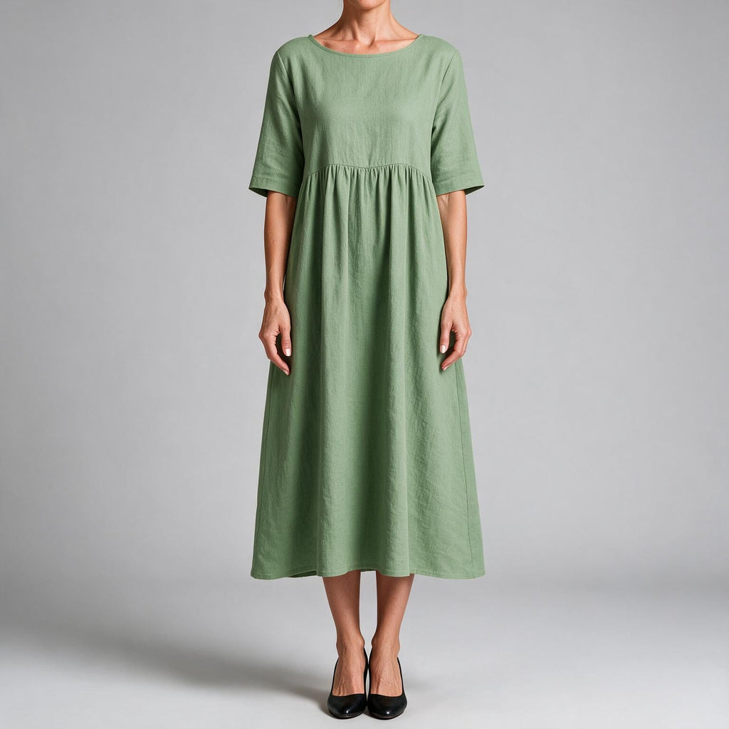 Saoirse | Womens Wedding Guest Summer Midi Cotton Linen Round Neck Dresses Light Green