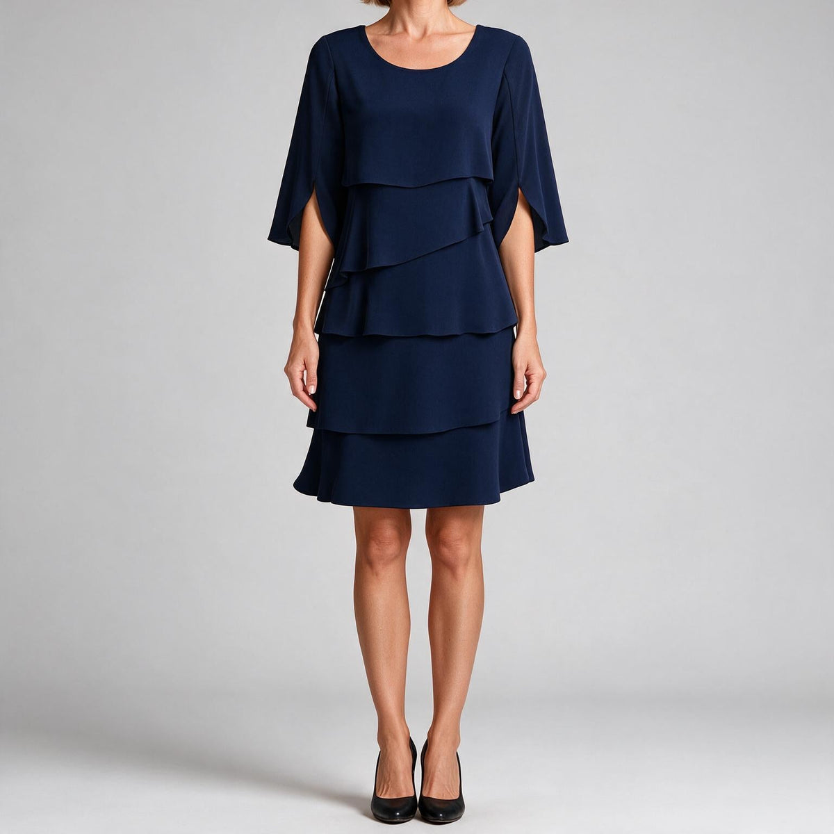 Antonia | Womens Wedding Guest Midi Dresses Round Neck Tiered Patchwork Dress Navy Blue