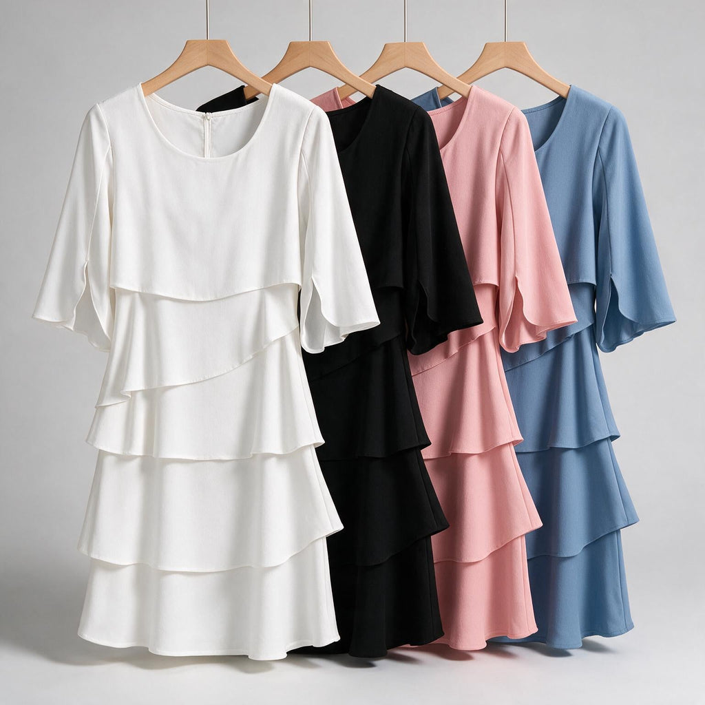 Antonia | Womens Wedding Guest Midi Dresses Round Neck Tiered Patchwork Dress on hanger