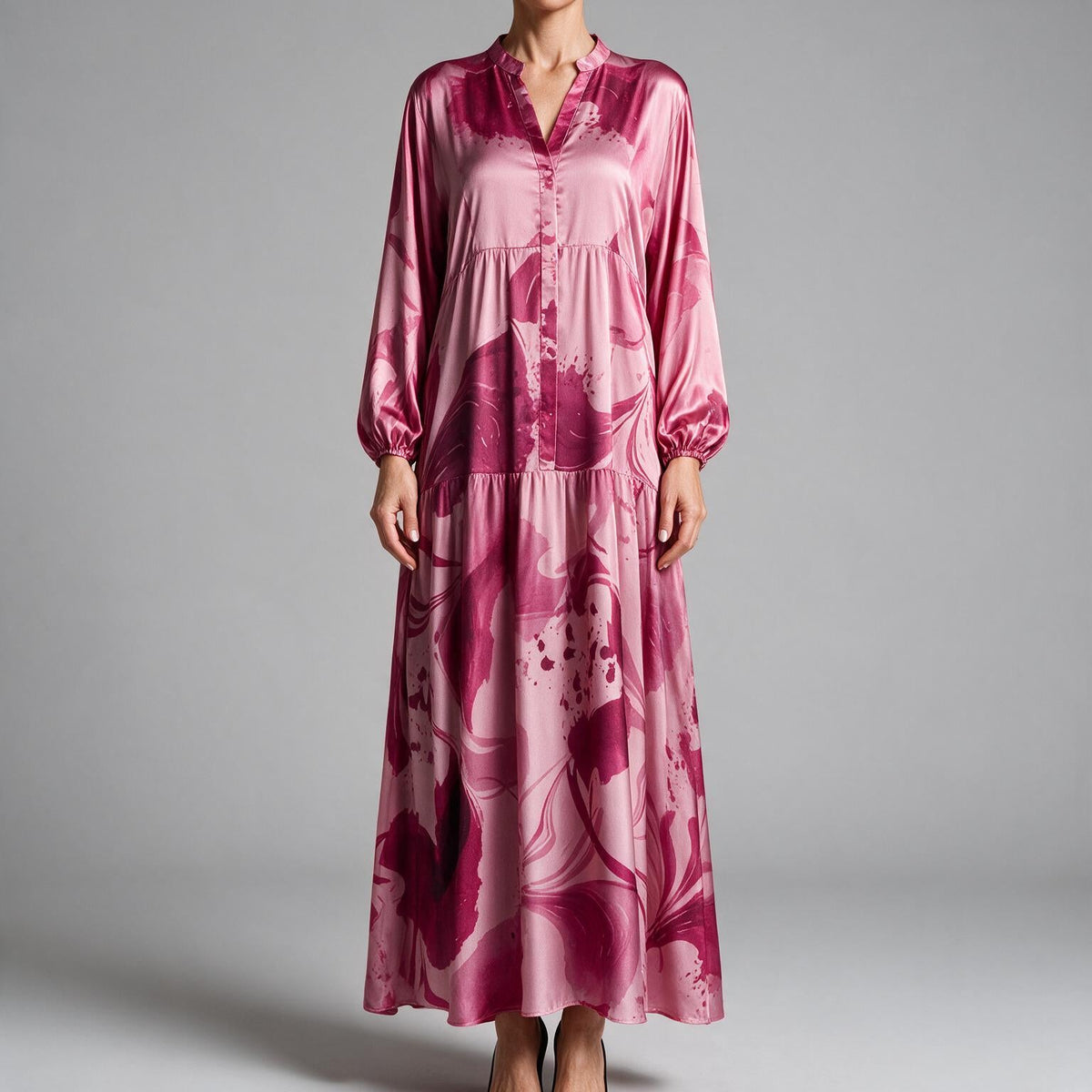 Ulric | Womens Dress Printed Long Sleeve V Neck Loose Maxi Dress Rose Red