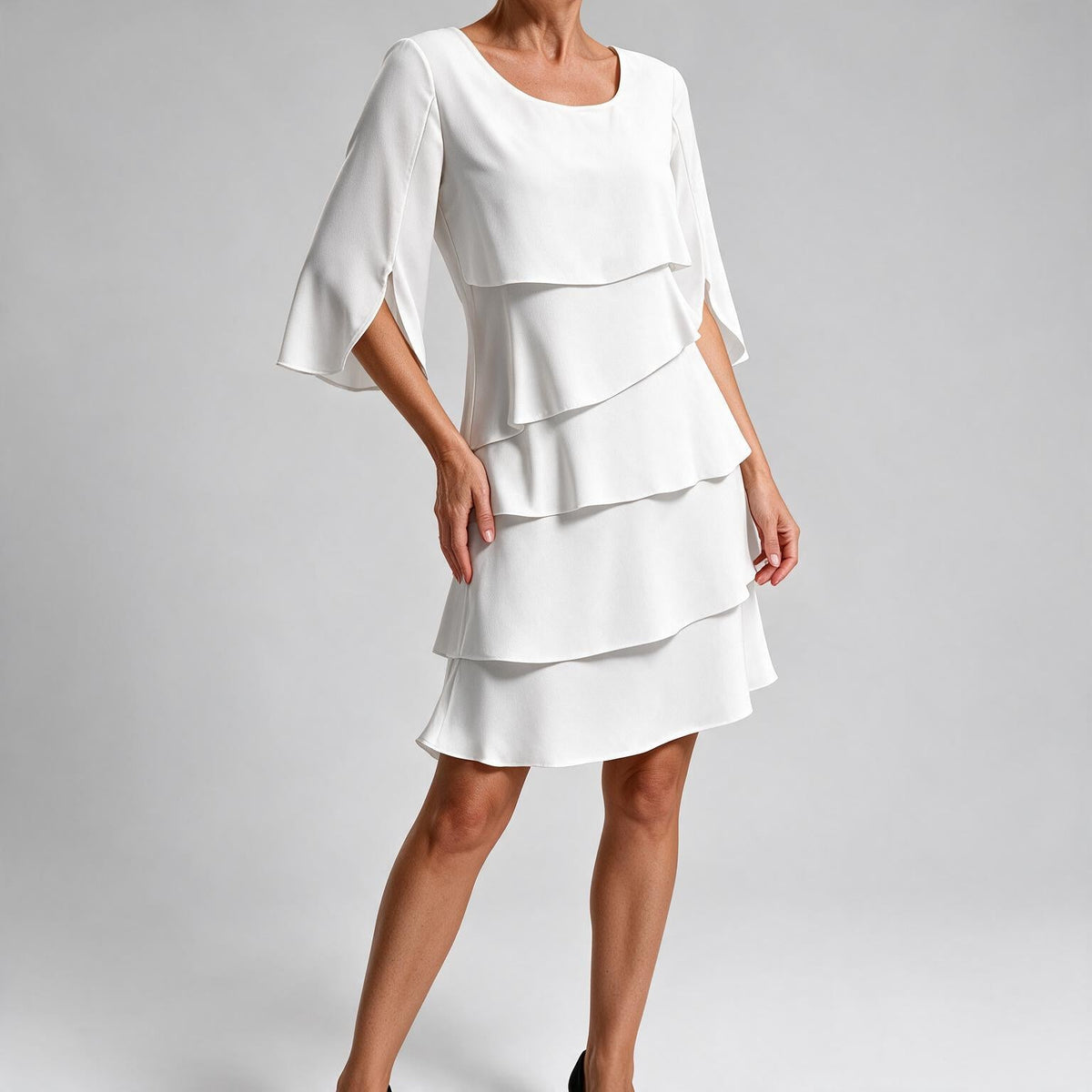 Antonia | Womens Wedding Guest Midi Dresses Round Neck Tiered Patchwork Dress