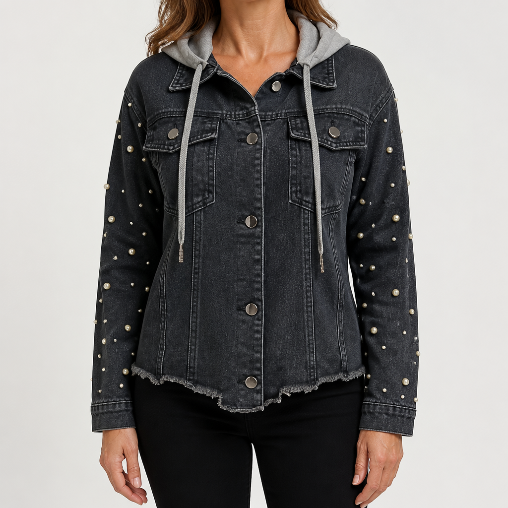 Cordelia | Womens Hooded Beaded Denim Jacket, Charcoal Grey 2