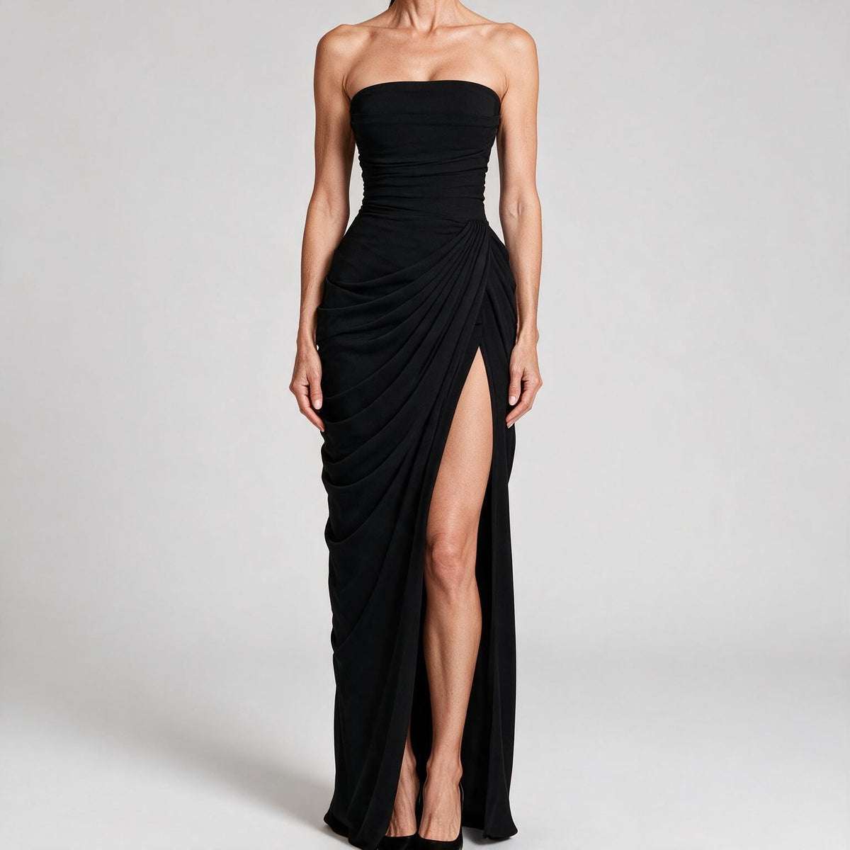 Freya | Womens Strapless Pleated Slit Maxi Wedding Guest Black Tie Summer Dresses Black