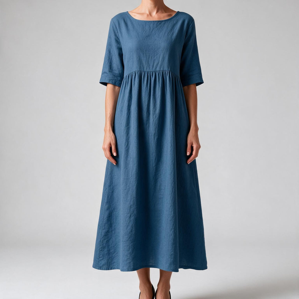 Saoirse | Womens Wedding Guest Summer Midi Cotton Linen Round Neck Dresses Blue
