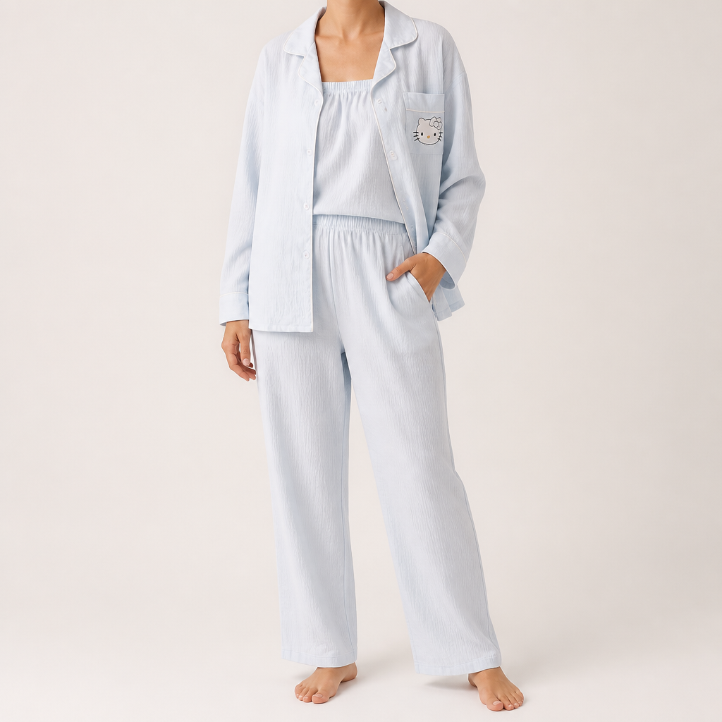 Rosalind | Womens Long Sleeve Button Up Cotton Pyjama Set Loungewear, White 10