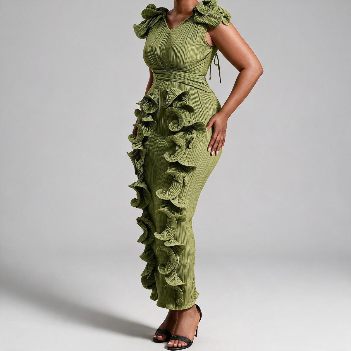 Mireille | Womens Wedding Guest Dress Pleated Ruffle Evening Maxi Dress
